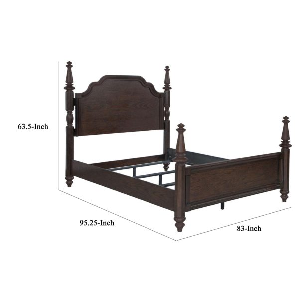 Meon California King Poster Bed, Carved Headboard, Dark Oak Brown Wood Online Sale - Image 5