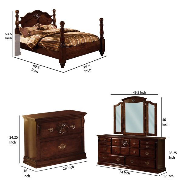 Luxy Four Piece King Size Bedroom Set, Gold Metal Handles, Glossy Dark Brown  By Casagear Home For Discount - Image 3
