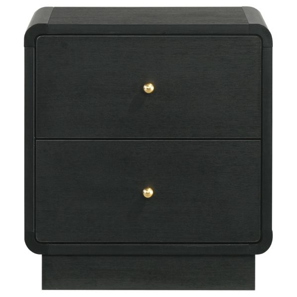 Cavy Nightstand, 2 Storage Drawers, Black Wood, Round Gold Knobs For Discount - Image 2