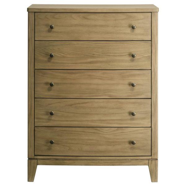 Heon Tall Dresser Chest, 5 Drawers w Round Knobs, Natural Brown Pine Online Hot Sale - Image 2