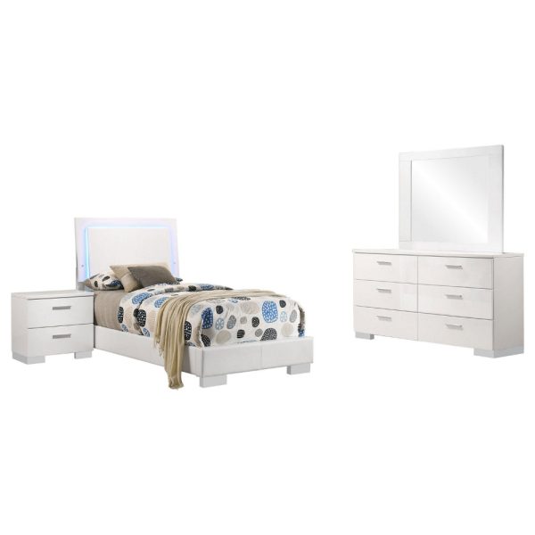 Sok 4pc Twin Size Bedroom Set, Modern White, LED Upholstered Headboard Online Sale