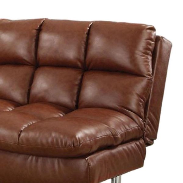 Futon Sofa, Deep Tufted Brown Faux Leather Upholstery, Chrome Legs Sale - Image 3