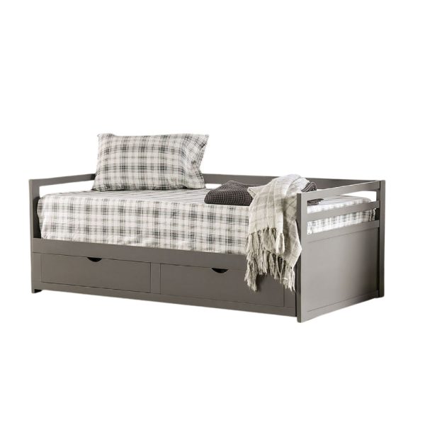 Twin Daybed with Trundle, 2 Storage Drawers, Classic Gray Solid Wood Online now - Image 2