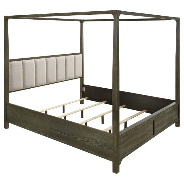 Seon Queen Canopy Bed w 4 Posters, Ivory Upholstery, Dark Cocoa Brown For Cheap