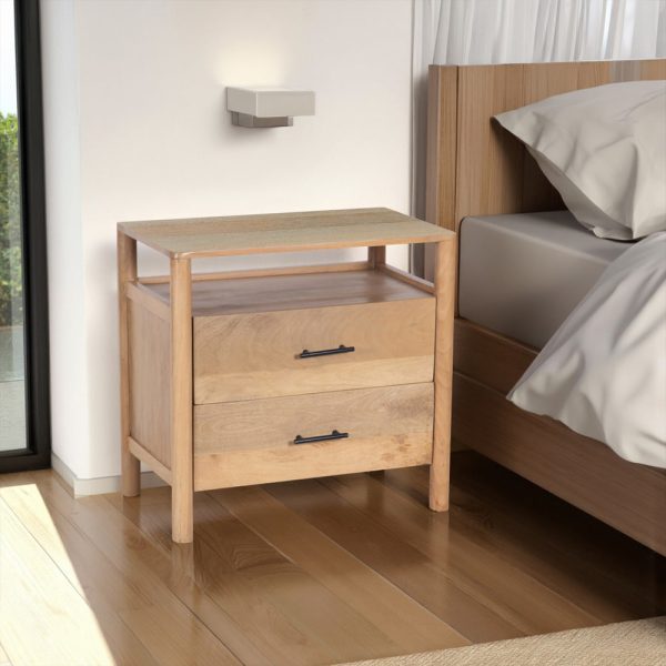 Geti 29 Inch Bedside Nightstand Table, Handcrafted Natural Oak White Mango Wood, 2 Drawer, Open Shelf By The Urban Port For Cheap