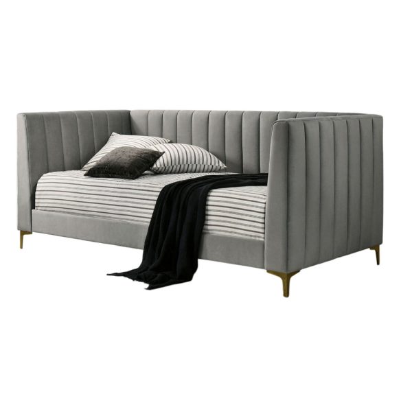 Iina Twin Daybed with Tuxedo Details, Gray Channel Tufted Flannelette Hot on Sale - Image 2