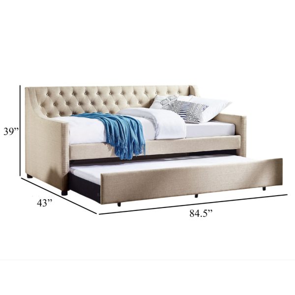 Twin Daybed with Trundle, Beige Fabric Upholstery, Button Tufting Online Sale - Image 5