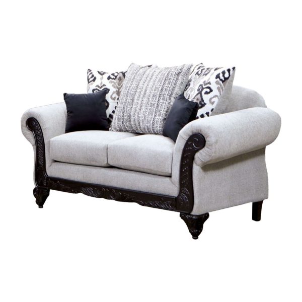 Mezia Loveseat, Gray Chenille, 5 Pillows, Black Solid Wood, 71 Inch Online now