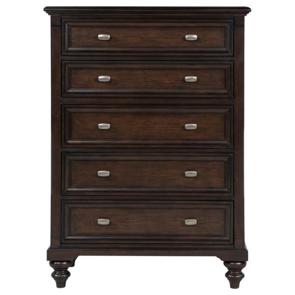 Meon Tall Dresser Chest w 5 Drawers, Carved Bun Feet, Dark Oak Brown Fashion - Image 2