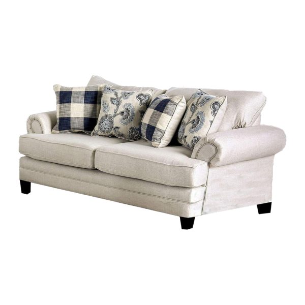 Amy 2pc Sofa and Loveseat Set w 9 Accent Pillows, Ivory Faux Linen For Discount - Image 3