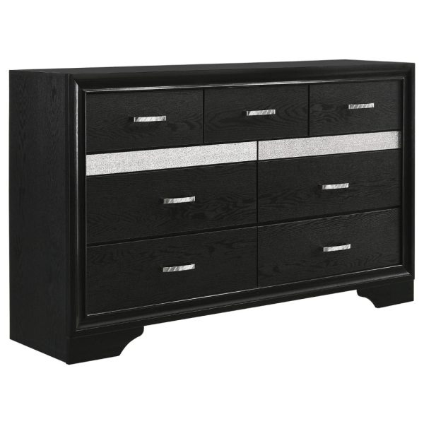 Vino 4pc Full Bedroom Set, Black Upholstery, Glitter Striped Dresser Discount - Image 4