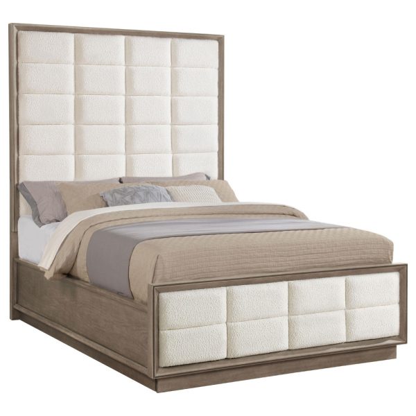 Lyni Queen Bed, Grid Tufted Headboard, Ivory Upholstery, Oak Brown Online now - Image 3