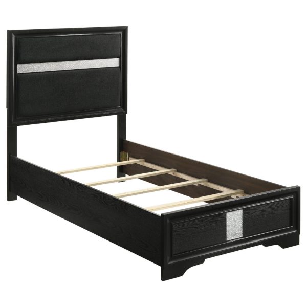 Vino 4pc Twin Bedroom Set, Black Upholstery, Glitter Striped Dresser Online - Image 2