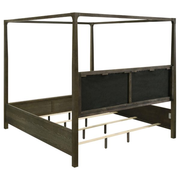 Seon Queen Canopy Bed w 4 Posters, Ivory Upholstery, Dark Cocoa Brown For Cheap - Image 3