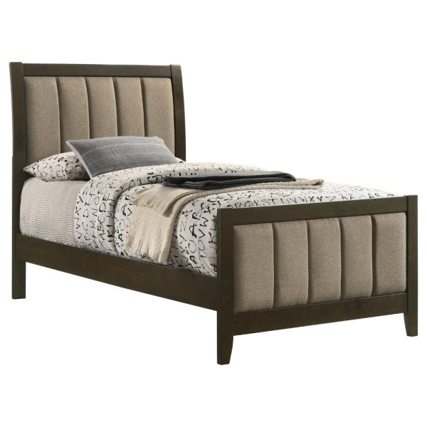 Wily Twin Size Bed, Channel Tufted Upholstered Headboard, Dark Brown For Sale - Image 2