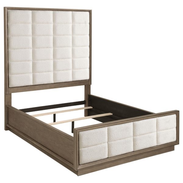 Lyni Queen Bed, Grid Tufted Headboard, Ivory Upholstery, Oak Brown Online now - Image 2