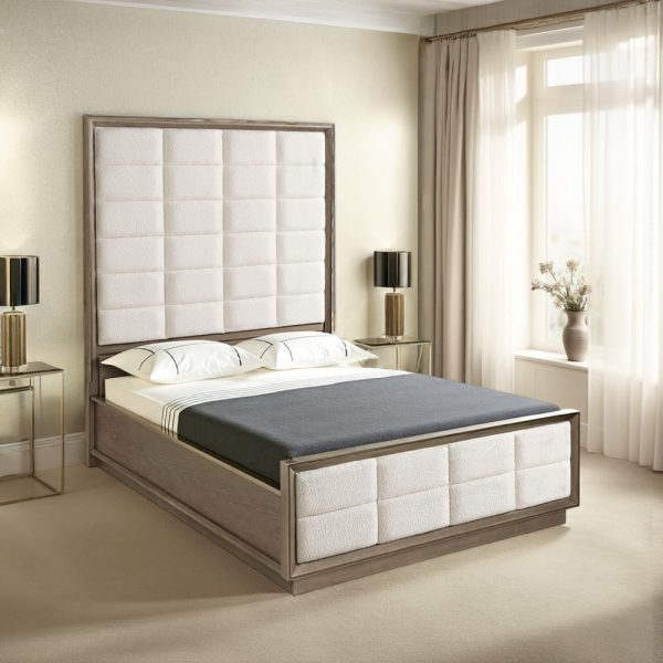 Lyni Queen Bed, Grid Tufted Headboard, Ivory Upholstery, Oak Brown Online now