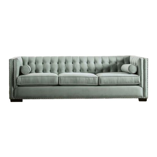 Leone Sofa, Tufted Teal Blue, 2 Bolster Pillows, Nailhead, 93 Inch Sale - Image 2