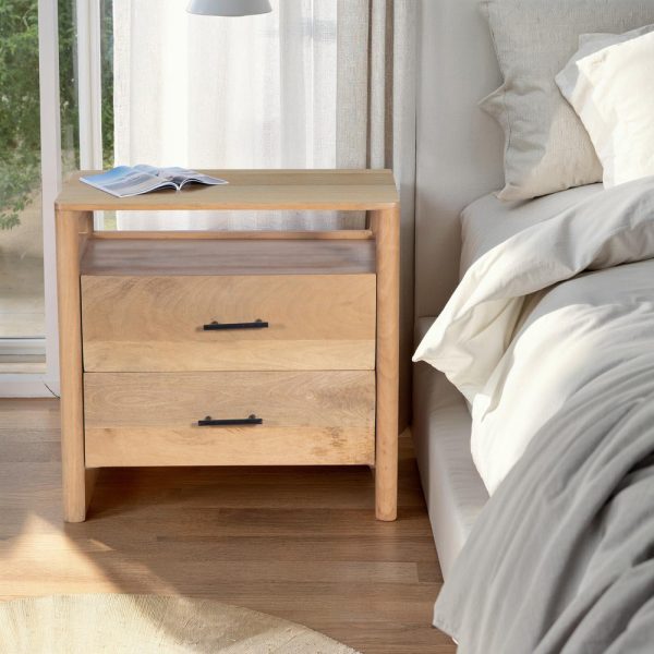 Geti 29 Inch Bedside Nightstand Table, Handcrafted Natural Oak White Mango Wood, 2 Drawer, Open Shelf By The Urban Port For Cheap - Image 2
