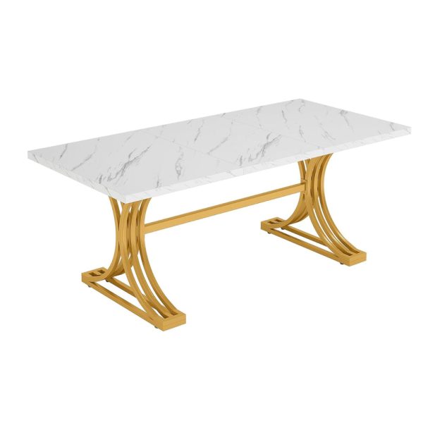 Dining Table, Rectangular White Marble Top, Gold Metal Base, 63 Inch on Sale