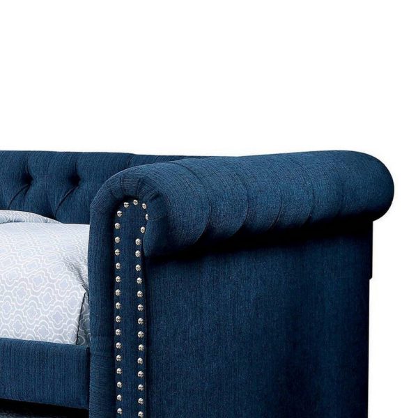 Leap Daybed with Trundle, Button Tufting, Navy Blue Linen Upholstery Discount - Image 3