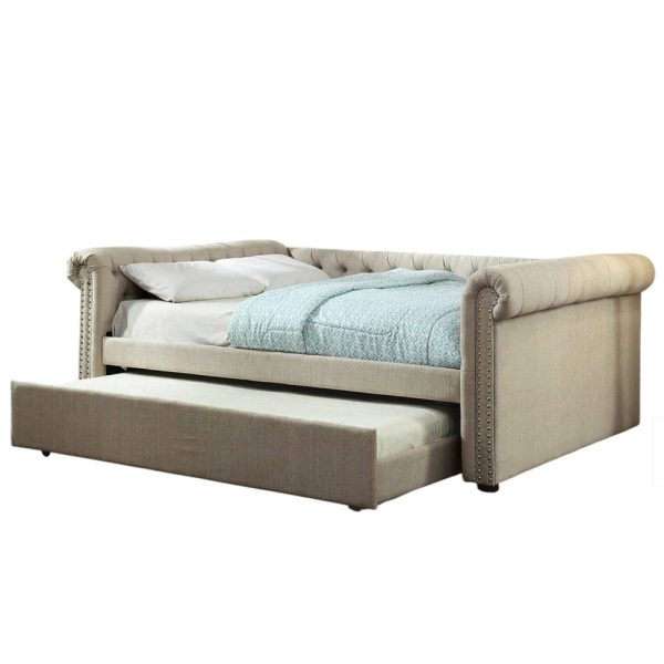 Leap Queen Daybed with Trundle, Button Tufting, Beige Linen Upholstery For Cheap - Image 2