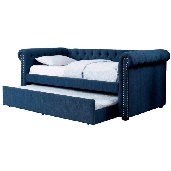 Leap Daybed with Trundle, Button Tufting, Navy Blue Linen Upholstery Discount - Image 2