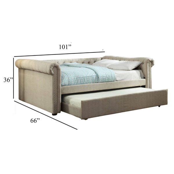 Leap Queen Daybed with Trundle, Button Tufting, Beige Linen Upholstery For Cheap - Image 5