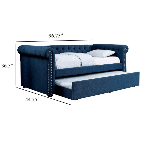 Leap Daybed with Trundle, Button Tufting, Navy Blue Linen Upholstery Discount - Image 5