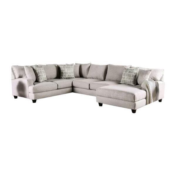 Abil Sectional Sofa, Light Gray Fabric, 6 Accent Pillows, 141 Inch Cheap