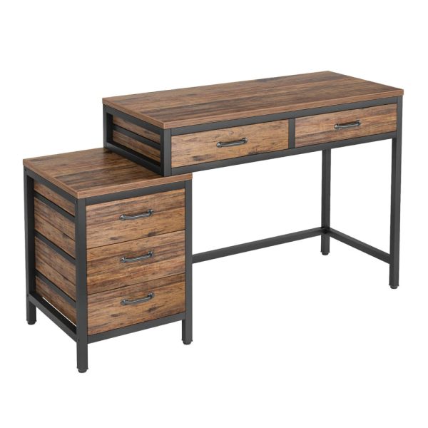 Eli Vanity Desk Table, 5 Drawers, Classic Brown Finish, Black Metal Online Sale - Image 2