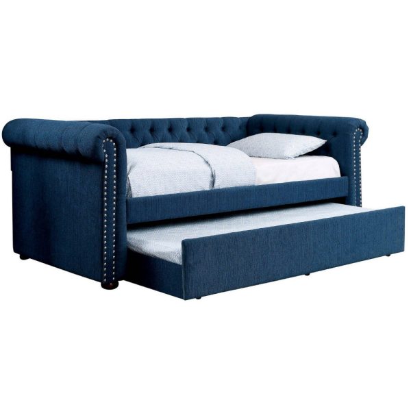 Leap Daybed with Trundle, Button Tufting, Navy Blue Linen Upholstery Discount