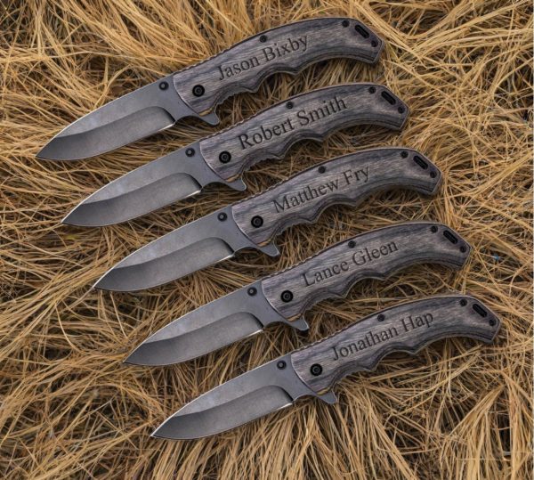 Set of 5 Personalized Black Blade Grey Wood Handle Knife Discount